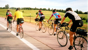 Back of cyclists.