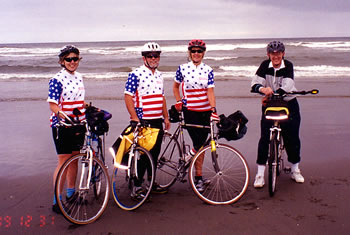 Gunnel dipping rear tire of bicycle in Pacific.